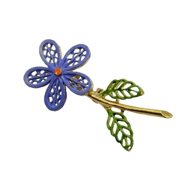 Vintage Blue Flower Power Metal Brooch Pin Gold Tone Painted Cutout 2 Inch - Picture 1 of 7